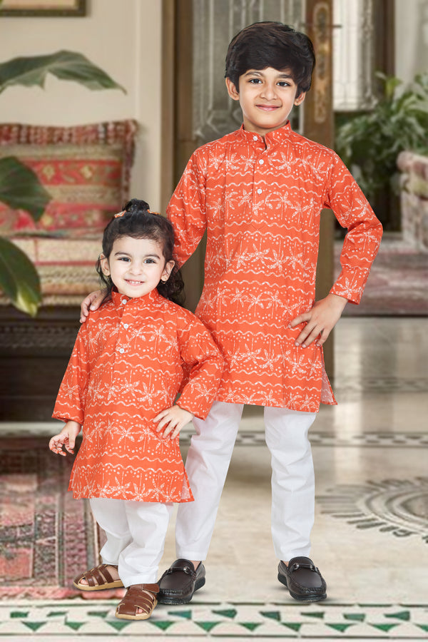 Trees Print Kurta Pajama Orange