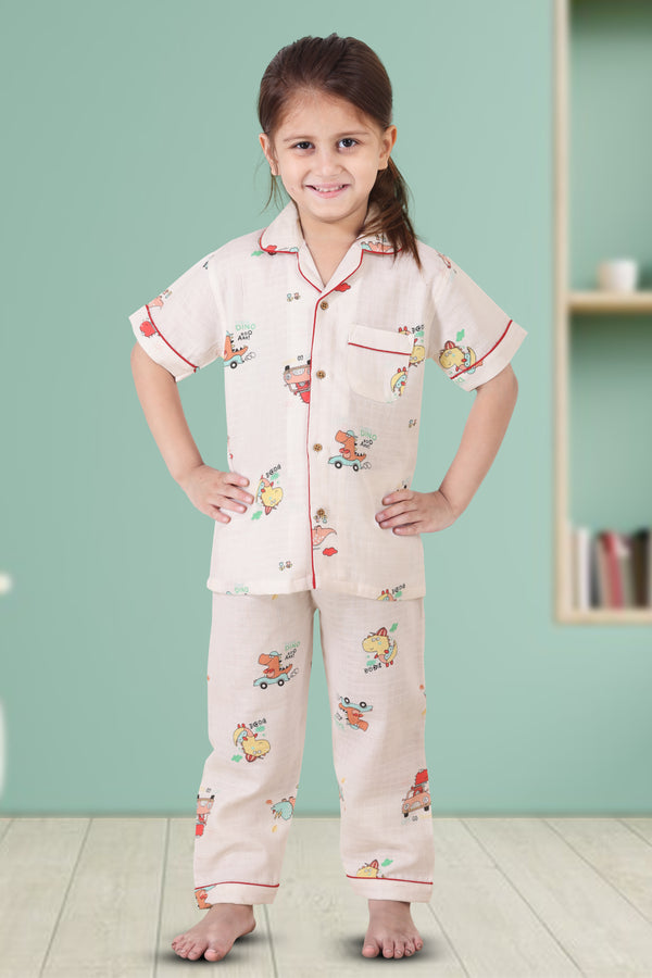 Dinosaur Printed Pink Half-Sleeves Night Suit