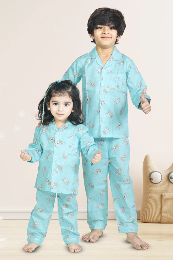 Bunny print blue Full-sleeves Night suit