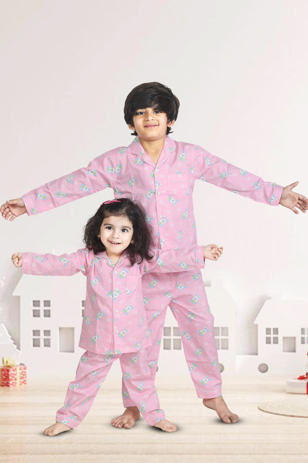 Bunny print pink Full-sleeves Night suit