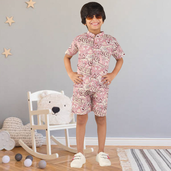 Cool Dude Printed Co-ord Set- Light Red
