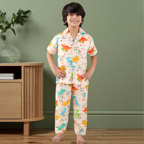 Colourful Dinosaurs Printed Half-Sleeves Night Suit