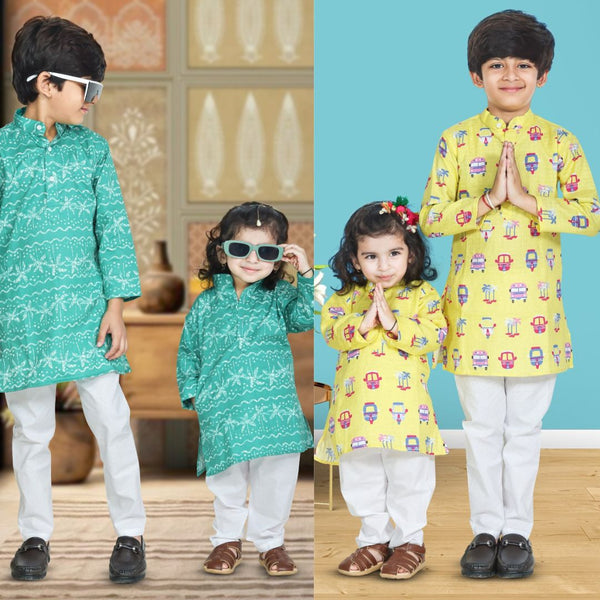 Trees Print Kurta Pajama Green & Auto Taxi Print Kurta Pajama