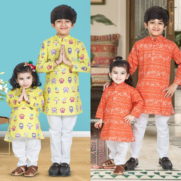 Auto Taxi Print Kurta Pajama & Trees Print Kurta Pajama Orange