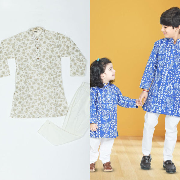 Floral Beige Print Kurta Pajama & Leaves Blue Print Kurta Pajama